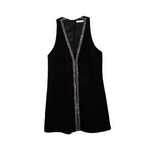 Lush Black Shift Dress Beaded Trim Sleeveless V Neck Mini Dress Women’s Medium
